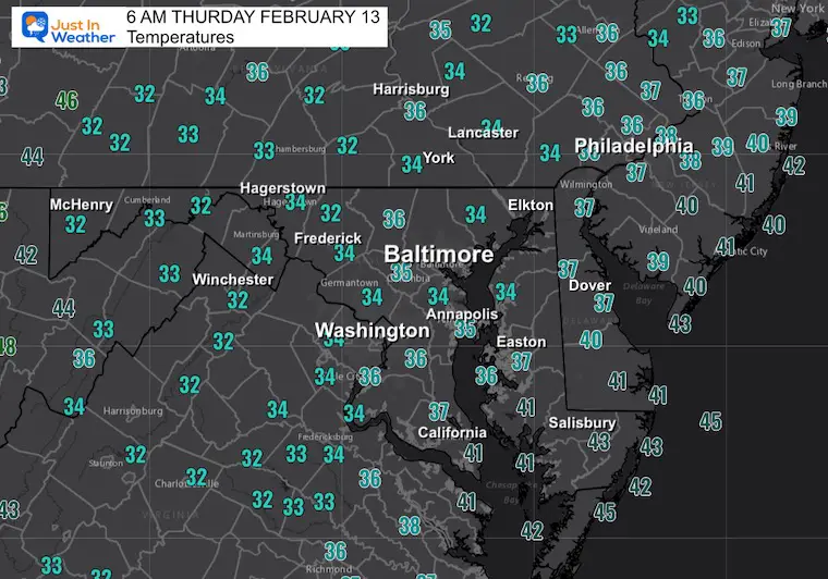 February 13 weather temperatures Thursday morning