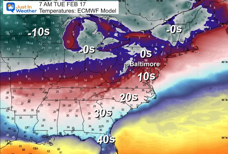 February 13 weather temperatures Tuesday morning