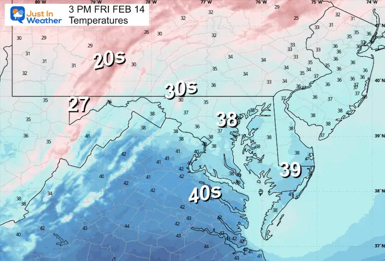 February 13 weather temperatures Friday afternoon