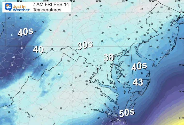 February 13 weather temperatures Friday morning