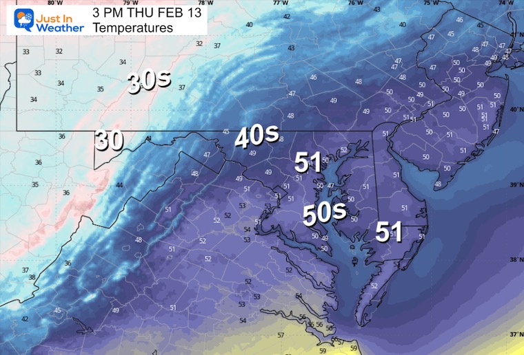 February 13 weather temperatures Thursday afternoon