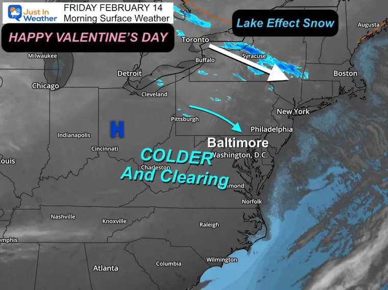 February 14 weather Friday morning Valentine's Day