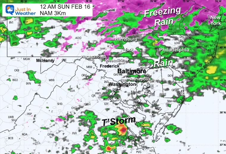 February 14 weather snow ice midnight Sunday