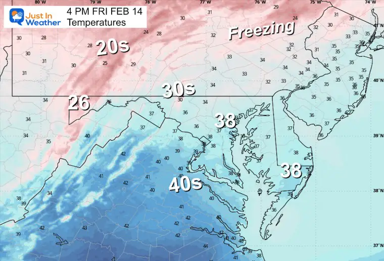 February 14 weather temperatures Friday afternoon Valentines Day