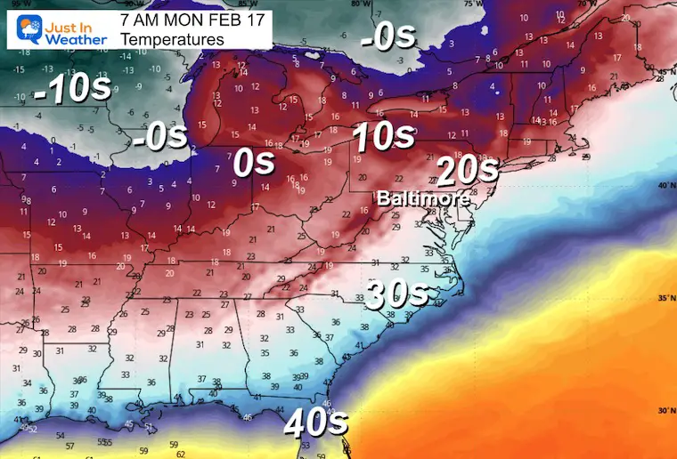 February 14 weather temperatures Monday morning