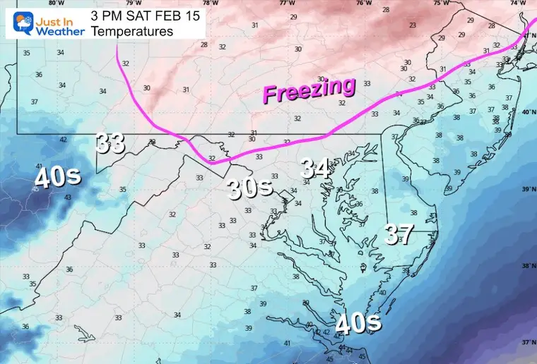 February 14 weather temperatures Saturday afternoon