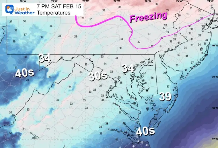 February 14 weather temperatures Saturday evening