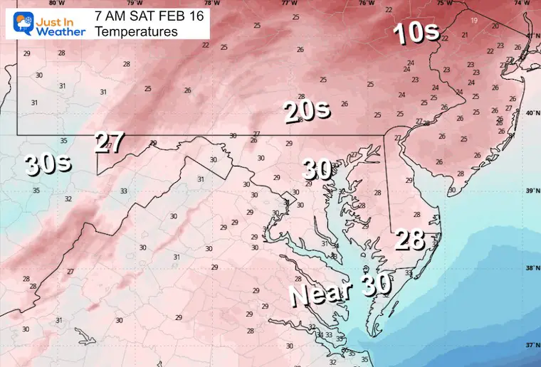 February 14 weather temperatures Saturday morning