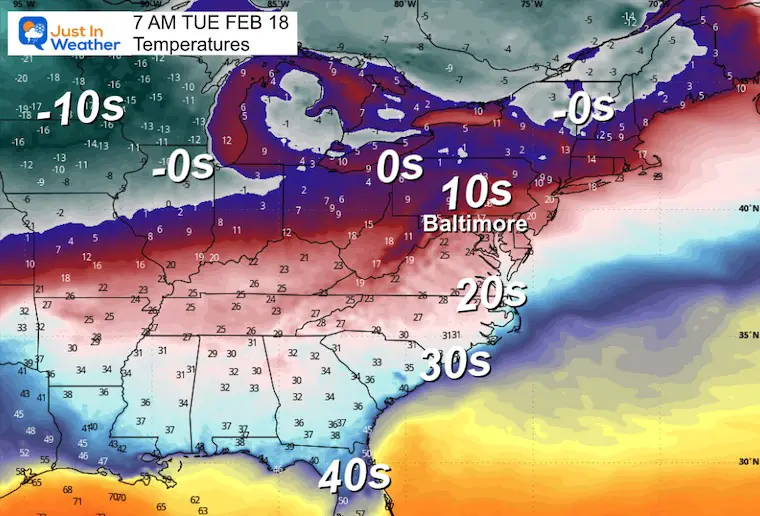 February 14 weather temperatures Tuesday morning