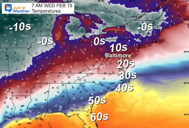 February 14 weather temperatures Wednesday morning