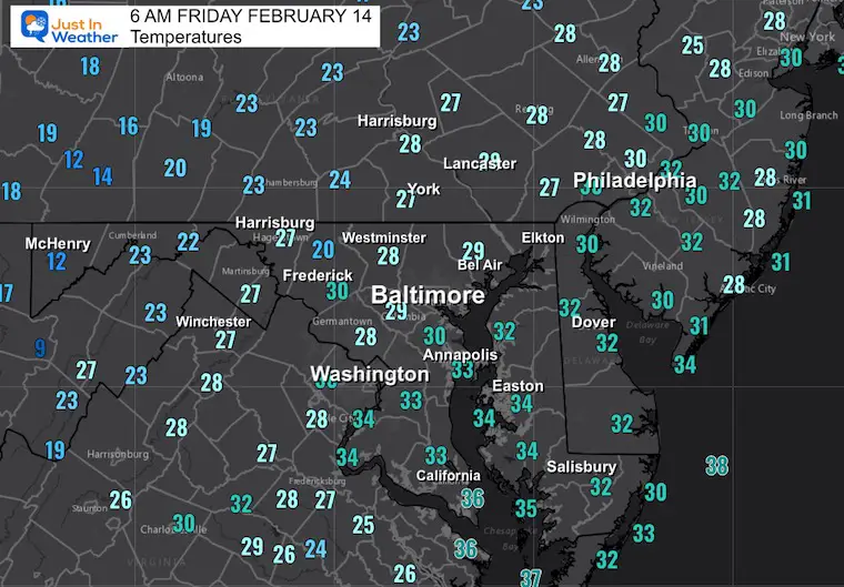 February 14 weather temperatures Friday morning Valentine's Day