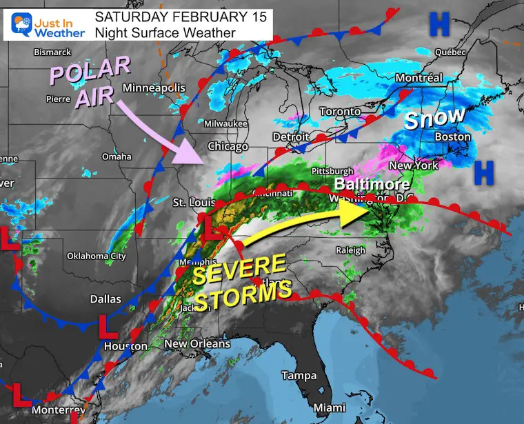 February 15 weather storm map Saturday night