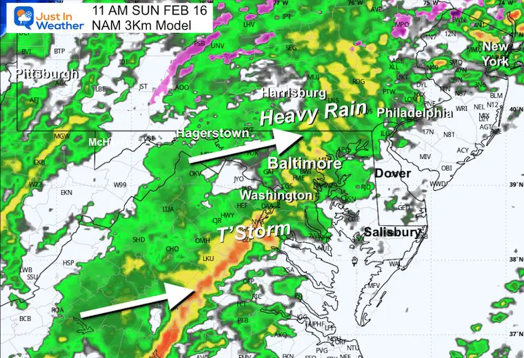 February 16 weather storm radar Sunday 11 AM