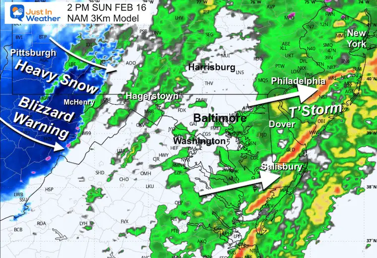 February 16 weather storm radar Sunday 2 PM