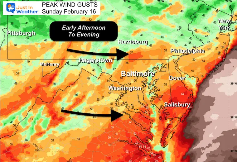 February 16 peak wind gust Sunday