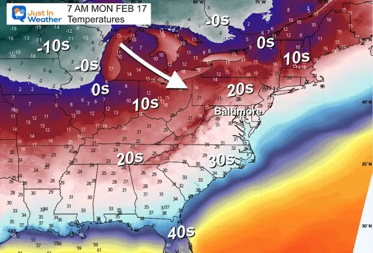 February 15 weather temperatures Monday morning