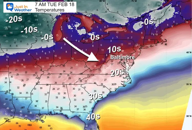 February 15 weather temperatures Tuesday morning