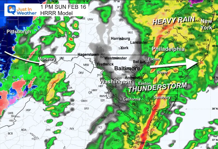 February 16 weather rain snow radar Sunday 1 PM