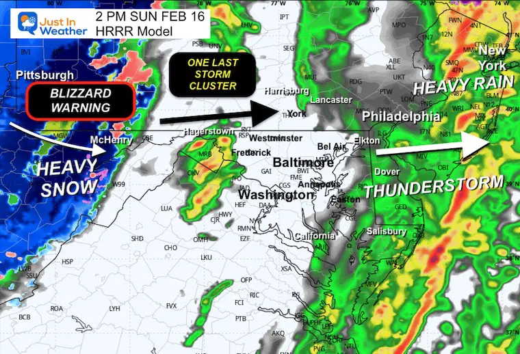 February 16 weather rain snow radar Sunday 2 PM