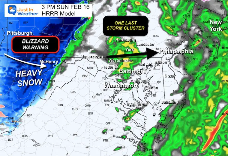 February 16 weather rain snow radar Sunday 3 PM