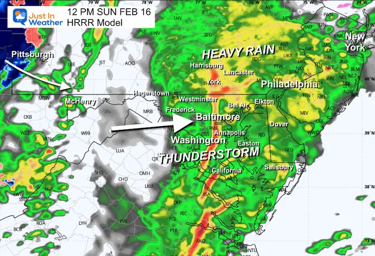 February 16 weather rain snow radar Sunday Noon