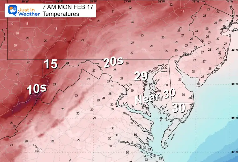 February 16 weather temperatures Monday morning