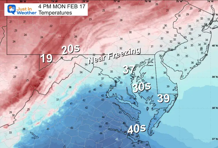 February 16 weather temperatures Monday afternoon