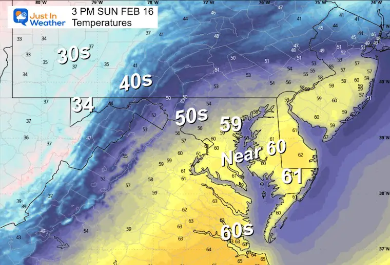 February 16 weather temperatures Sunday 3 PM