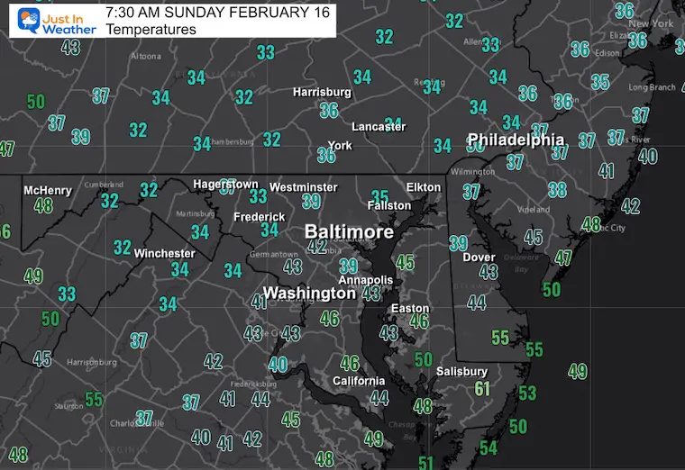 February 16 weather temperatures Sunday morning