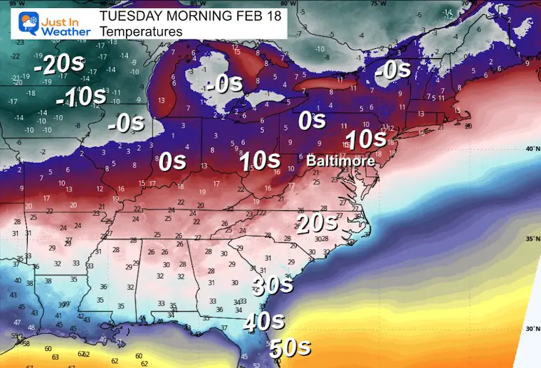 February 16 weather temperatures Tuesday morning