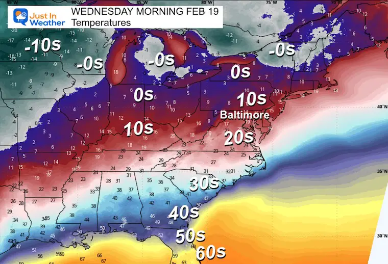 February 16 weather temperatures Wednesday morning