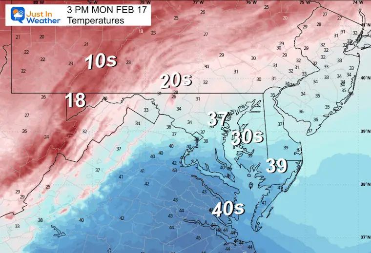 February 17 weather temperatures Monday afternoon