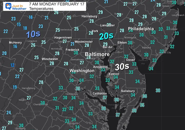 February 17 weather temperatures Monday morning