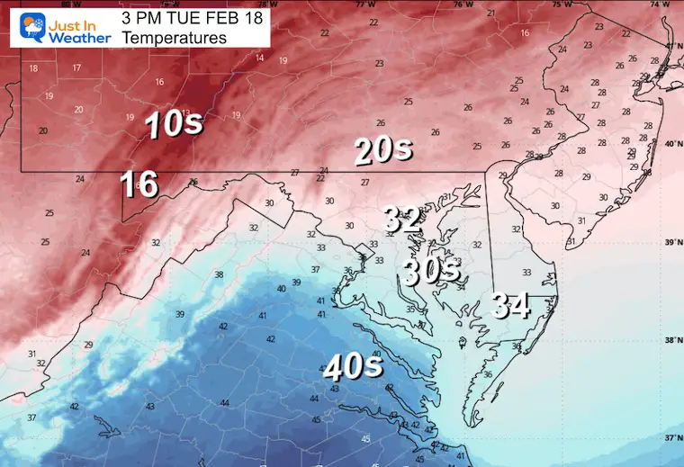 February 17 weather temperatures Tuesday afternoon