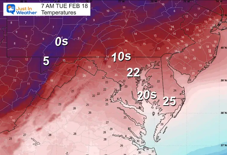 February 17 weather temperatures Tuesday morning