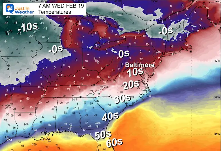 February 17 weather temperatures Wednesday morning