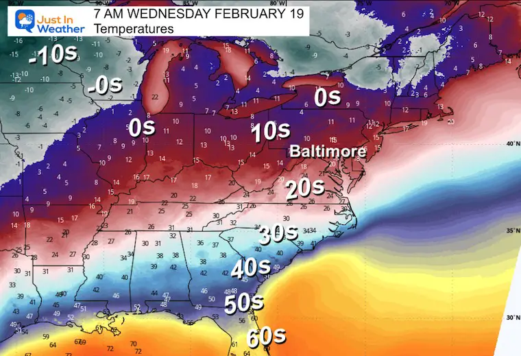 February 17 weather temperatures Wednesday morning