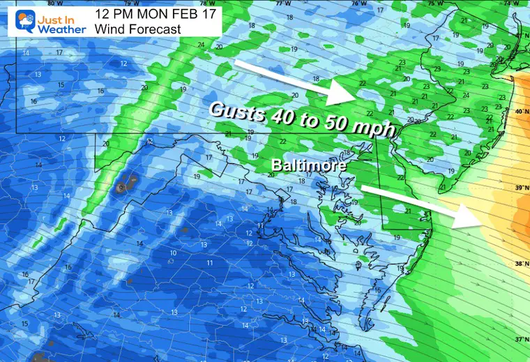 February 17 weather wind forecast Monday noon