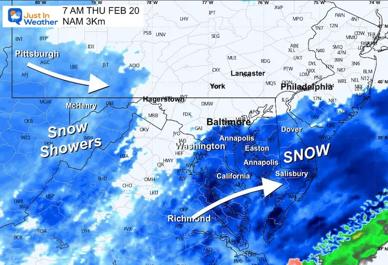 February 18 weather snow forecast radar Thursday morning NAM