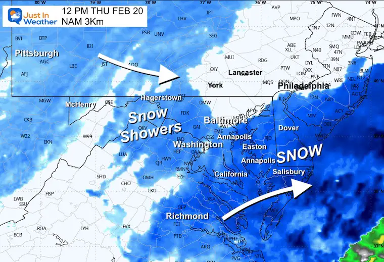 February 18 weather snow forecast radar Thursday Noon NAM