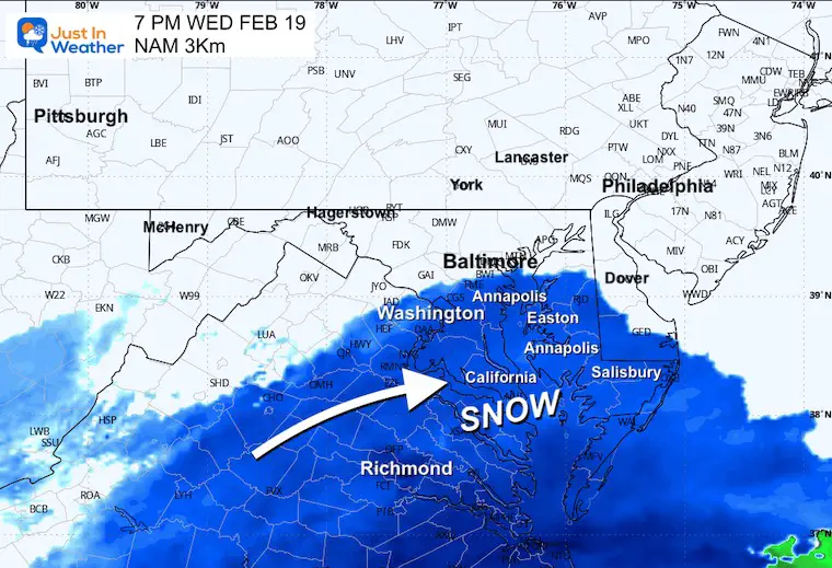 February 18 weather snow forecast radar Wednesday evening NAM