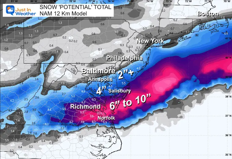 February 18 winter storm forecast Snow NAM 12k