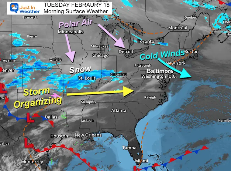 February 18 weather Tuesday morning snow cold