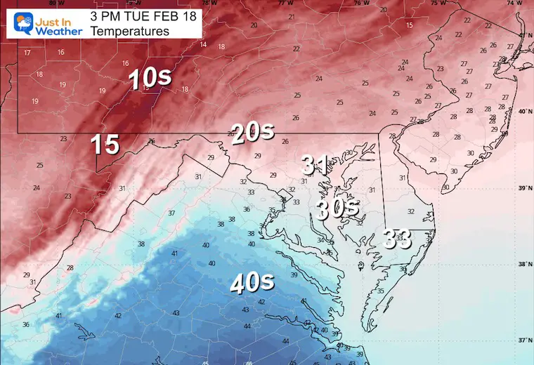 February 18 weather temperatures Tuesday Afternoon