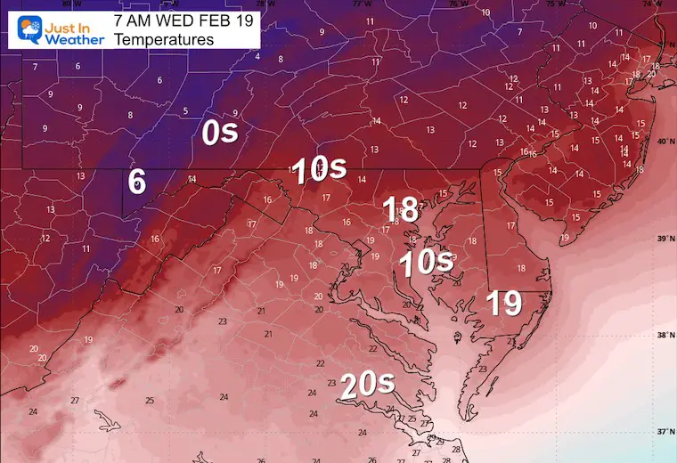 February 18 weather temperatures Wednesday morning