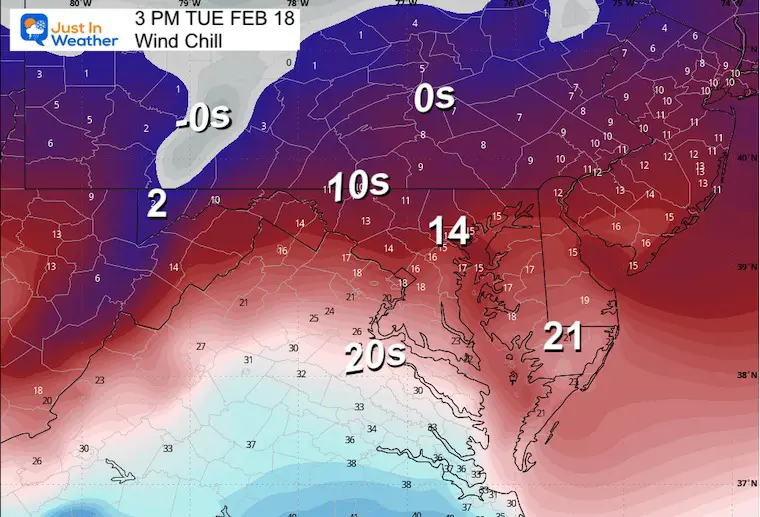 February 18 weather wind chill Tuesday Afternoon