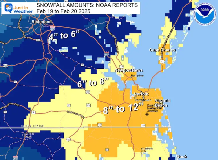 February 19 20 snow total Virginia North Carolina