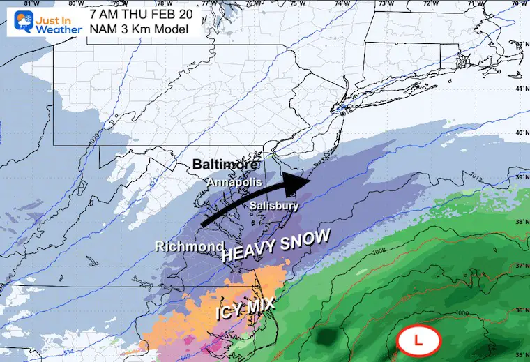 February 18 weather snow forecast Thursday morning NAM