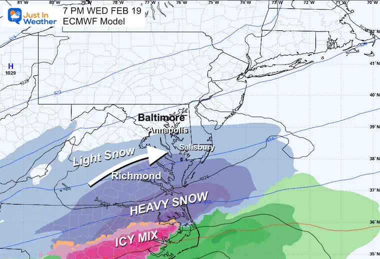 February 18 weather snow forecast Wednesday night ECMWF