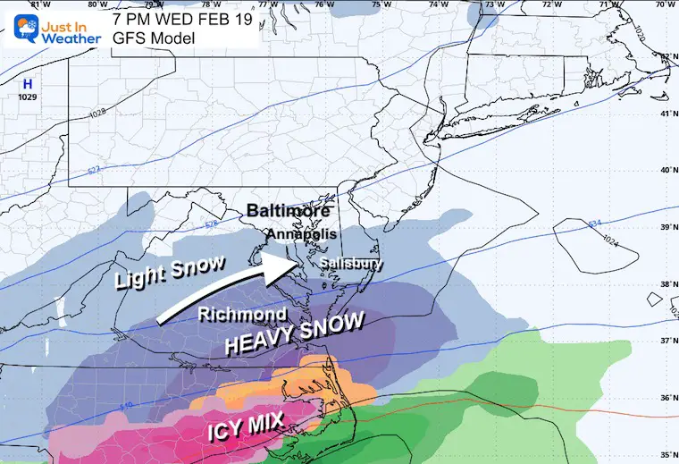 February 18 weather snow forecast Wednesday night GFS